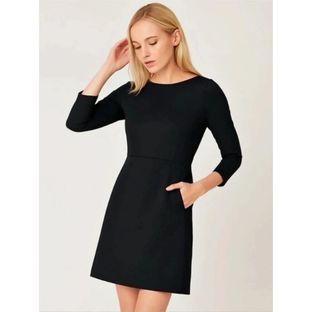 SPANX Perfect Shift Dress Medium Black Ponte 3/4 Sleeve Zip Pockets 20382R